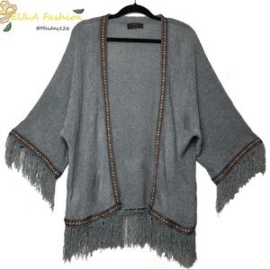 Tassel Fringe Kimono Cardigan With Tribal Pattern